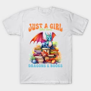 Just a Girl who loves Dragons and Books Dragon Reading Gift For Boys Girl Kids T-Shirt